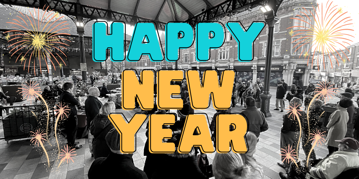 Outside Preston Market with text Happy New Year Outside Preston Market with text Happy New Year