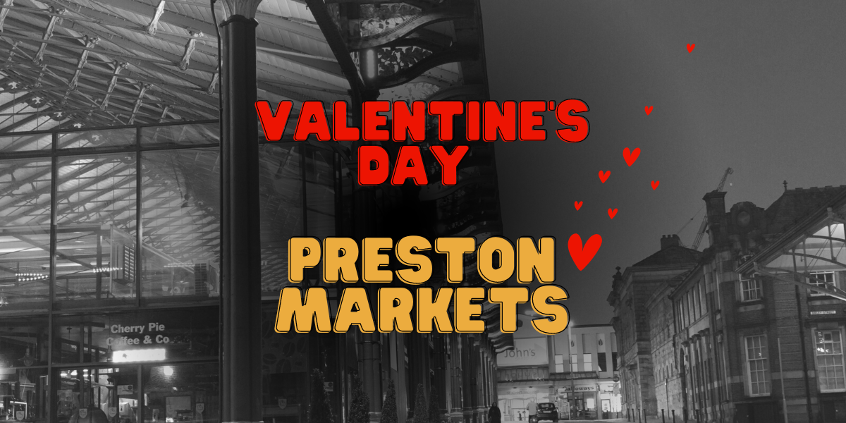 Side of Market Hall B and W with red text Valentines Day Market Hall with text saying Valentine's Day