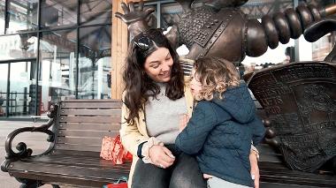 Mother and child on Wallace and Gromit bench